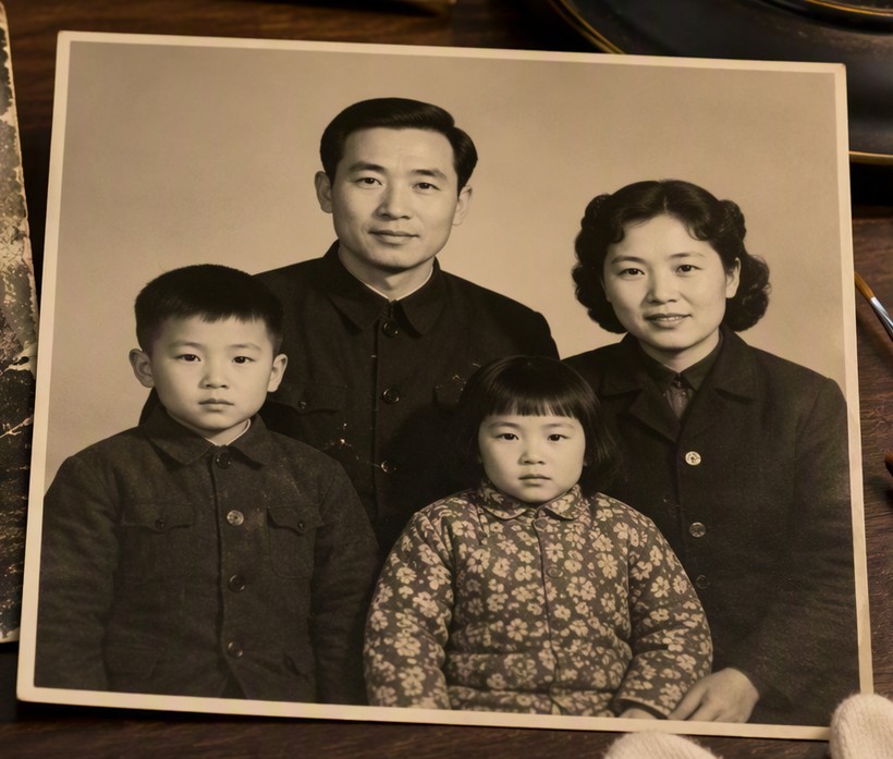 老照片修复后：同一张全家福已补全破损、清晰化并做历史质感上色