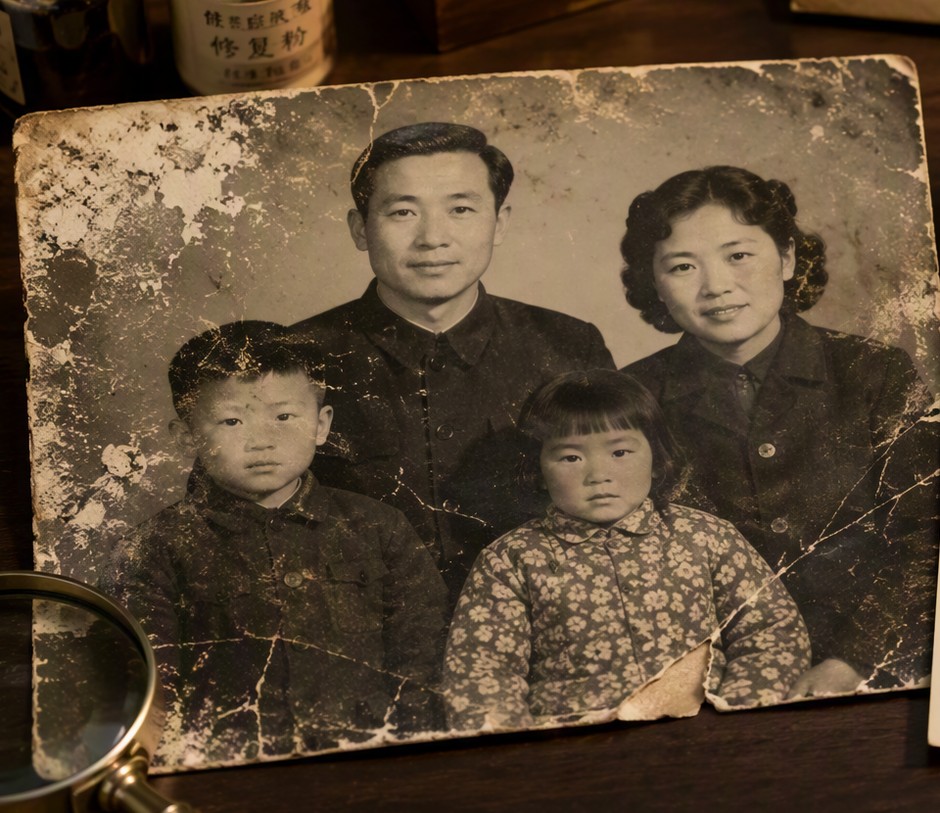 老照片修复前：一张边角剥落、布满划痕霉斑的全家福原片